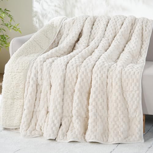 Drewin Weighted Blanket 20lbs, Ultra-Soft Warm Weighted Blanket Queen Size, 3D Jacquard Heavy Blanket for Sleep Natural and Relaxing, Cozy Bed Blanket with Ceramic Beads, Cream White, 60 x 80 inches - Image 1