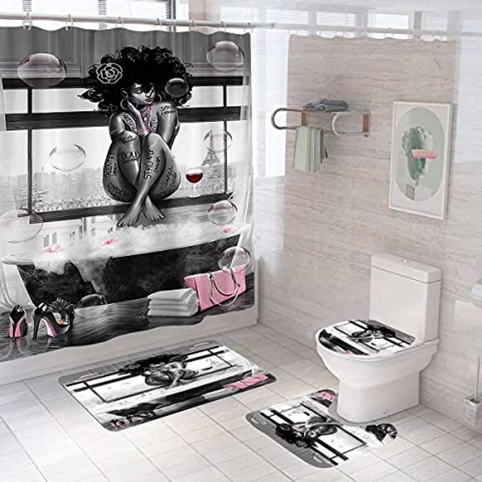 DDSDUDES 4PCS AFRICAN AMERICAN BLACK GIRL WATERPROOF SHOWER CURTAIN SETS FOR BATHROOM WITH NON SLIP RUGS TOILET COVER AND BATH MAT 12 PLASTIC HOOKS GIRLSIT