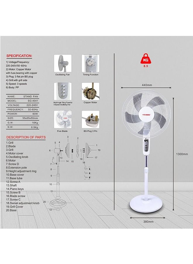 Stargold - Pedestal Fan Oscillating 60W Electric Stand Fan, 3 Speed, Quite Cooling Fan For Indoor And Outdoor - Image 1