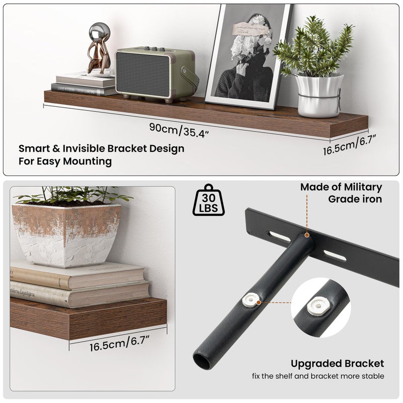 Heimlove 36 Inch Floating Shelves for Wall,Mounted Storage & Display Wood Shelves with Invisible Brackets,Hanging Shelf for Bedroom Living Room Kitchen Office,Set of 2,Rustic Brown - Image 2