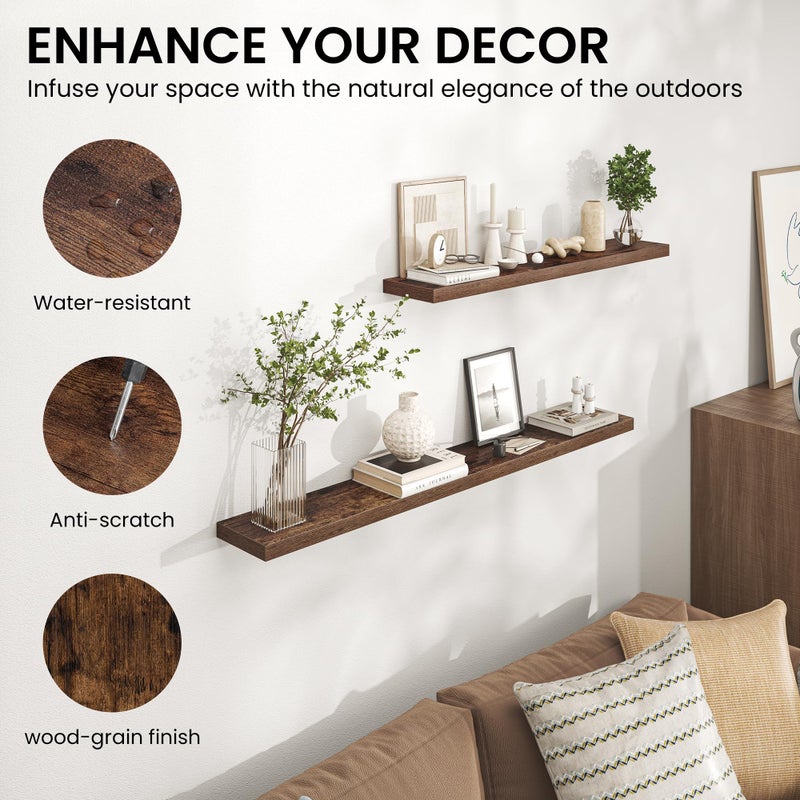 Heimlove 36 Inch Floating Shelves for Wall,Mounted Storage & Display Wood Shelves with Invisible Brackets,Hanging Shelf for Bedroom Living Room Kitchen Office,Set of 2,Rustic Brown - Image 4