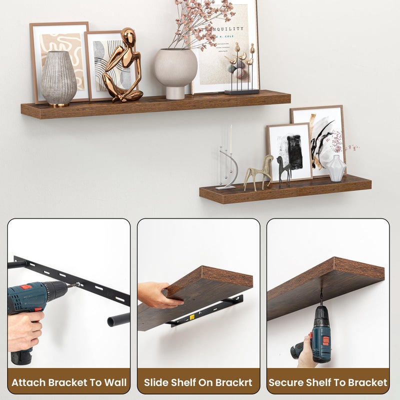 Heimlove 36 Inch Floating Shelves for Wall,Mounted Storage & Display Wood Shelves with Invisible Brackets,Hanging Shelf for Bedroom Living Room Kitchen Office,Set of 2,Rustic Brown - Image 5