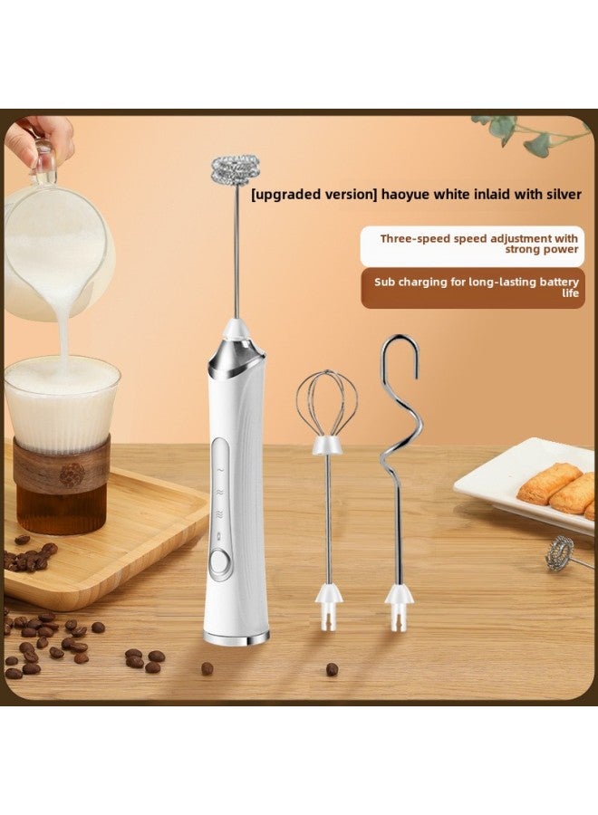 Handheld Electric Milk Frother Coffee Mixer Portable Rechargeable Milk Frother-Color:Version J-3 3 Mixing Head White  - Image 1