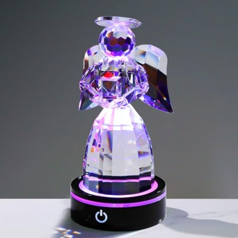 Crystal Guardian Angel Figurine Gifts - Handmade Crystal Angel Statue with Multicolor LED Light Base, Memorial Sympathy Gifts for Friends, Women 5.9'' ed - Image 1