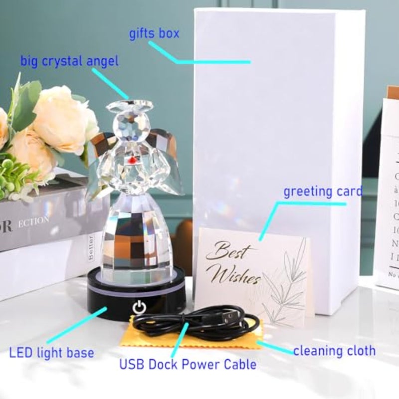 Crystal Guardian Angel Figurine Gifts - Handmade Crystal Angel Statue with Multicolor LED Light Base, Memorial Sympathy Gifts for Friends, Women 5.9'' ed - Image 5