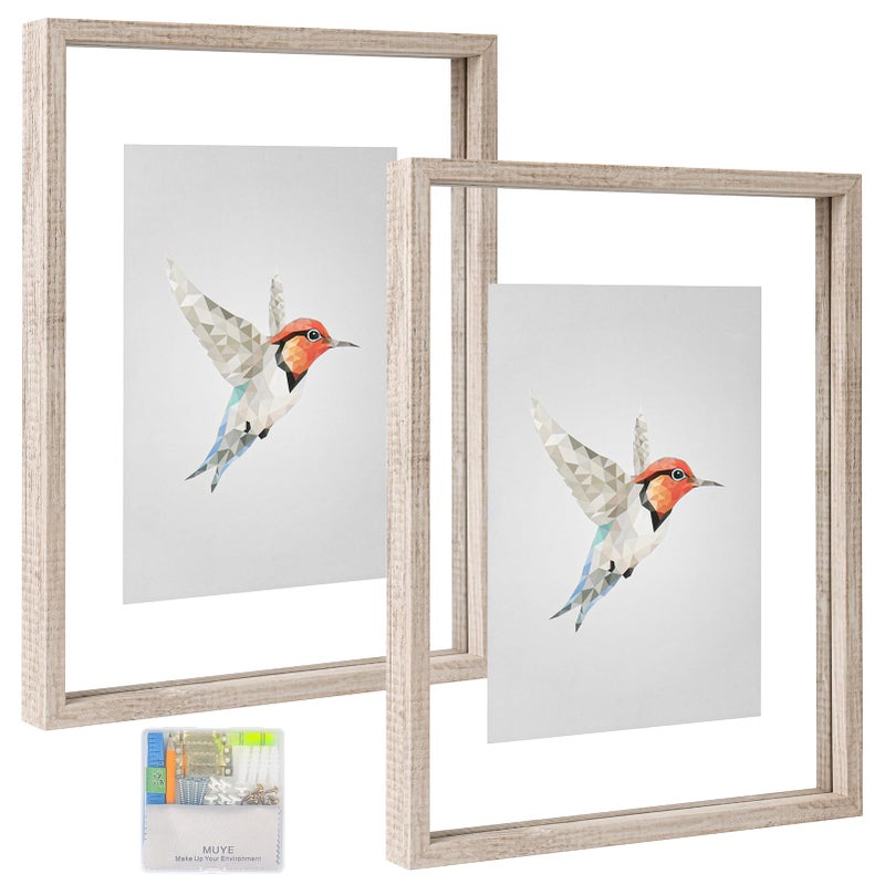 إطارات صور عائمة MUYE 11x14 بتصميم خشبي أبيض مائل مع زجاج مزدوج مجموعة من 2 لعرض أي صورة بحجم يصل إلى 11x14 للتعليق على الحائط أو وضعها على الطاولة