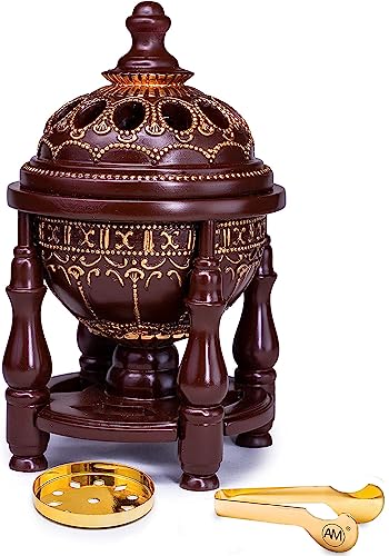 AM Charcoal Incense Burner - Bakhoor Burner, Oud Frankincense Resin Burner for Office & Home Decor - Lavish 4 Pillar (Brown) - Image 1