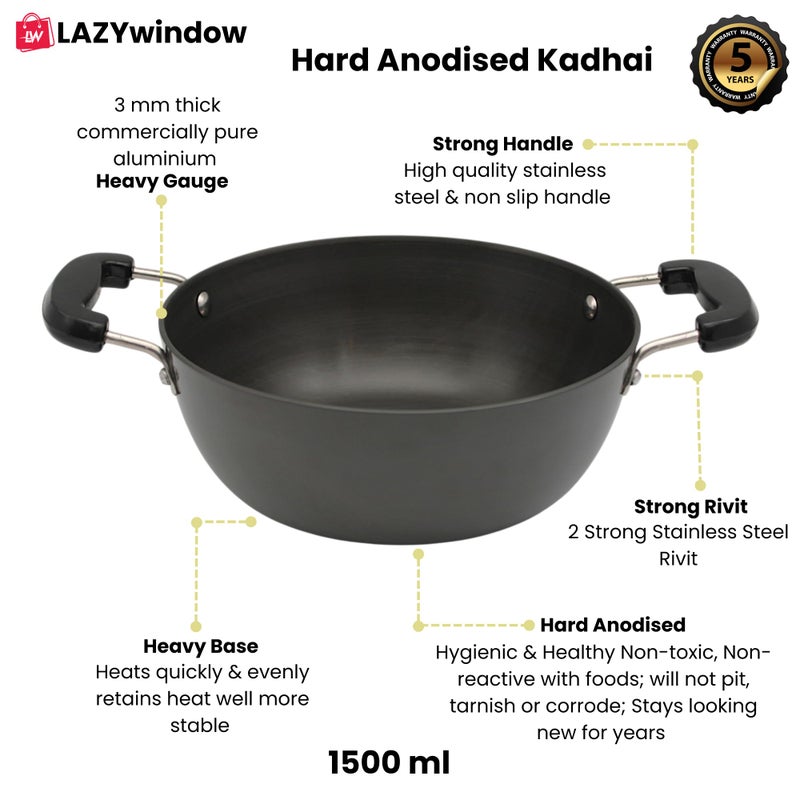 LAZYwindow Hard Anodized Kadhai with Induction Base, 20 cm, 1.5 Litre, Black - Image 4