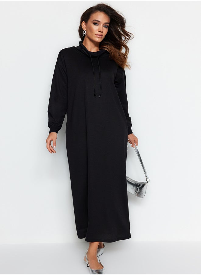 trendyol - Black Oversize Stand Collar Lace Detail Long Length Knitted Dress TCTSS22EB0132 - Image 1