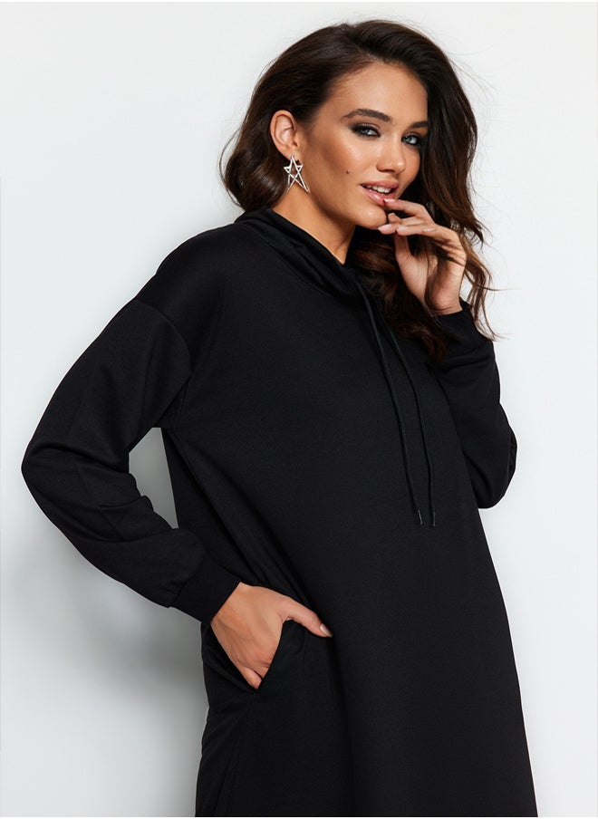 trendyol - Black Oversize Stand Collar Lace Detail Long Length Knitted Dress TCTSS22EB0132 - Image 1