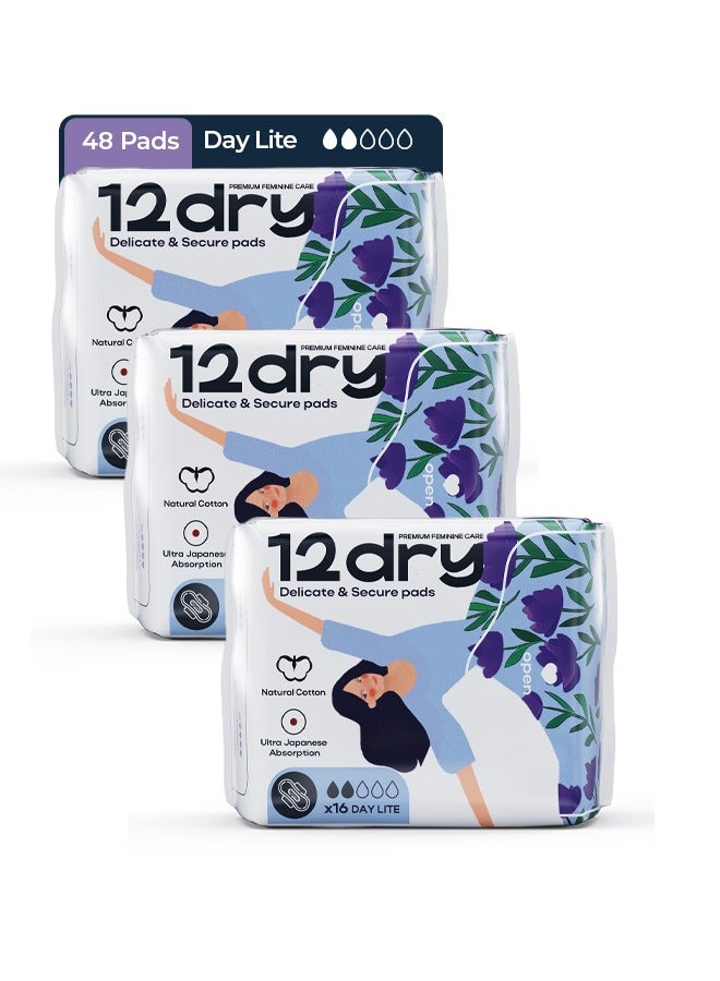 12dry Ultra-Thin Sanitary Pads, 3 Packs × 16 (Total 48 Pads, 185mm, Start & End of Period) – Super Absorbent, Leak-Proof, Odor & Bacteria Protection, Soft & Breathable with AirCool Technology, FDA & FSC Certified - Image 1