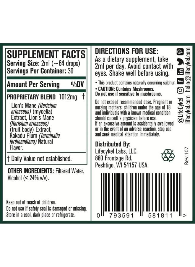 Life Cykel - Life Cykel Lion's Mane Mushroom Extract w/Kakadu Plum- Memory Focus Clarity REM Sleep-100% Organic Mushrooms Brain Booster Nootropic Brain Supplement Focus Supplement - Image 1