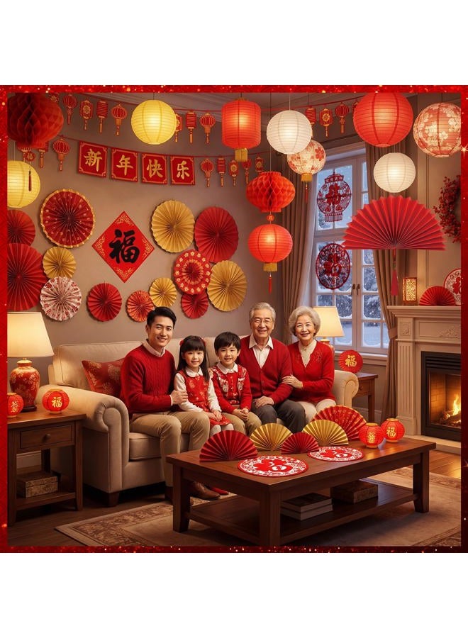 Jaloro 32 Pcs 2026 Chinese New Year Decor, Lunar New Year Red Lantern, Paper Fans Hanging Decoration, Fu Characters, Banner, Luck Ornament for Chinese Spring Festival Party Supplies - Image 4