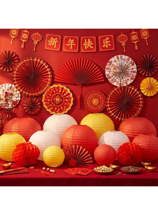 Jaloro 32 Pcs 2026 Chinese New Year Decor, Lunar New Year Red Lantern, Paper Fans Hanging Decoration, Fu Characters, Banner, Luck Ornament for Chinese Spring Festival Party Supplies - Image 2