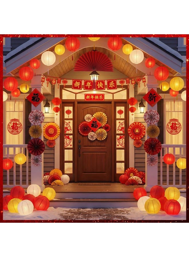 Jaloro 32 Pcs 2026 Chinese New Year Decor, Lunar New Year Red Lantern, Paper Fans Hanging Decoration, Fu Characters, Banner, Luck Ornament for Chinese Spring Festival Party Supplies - Image 5