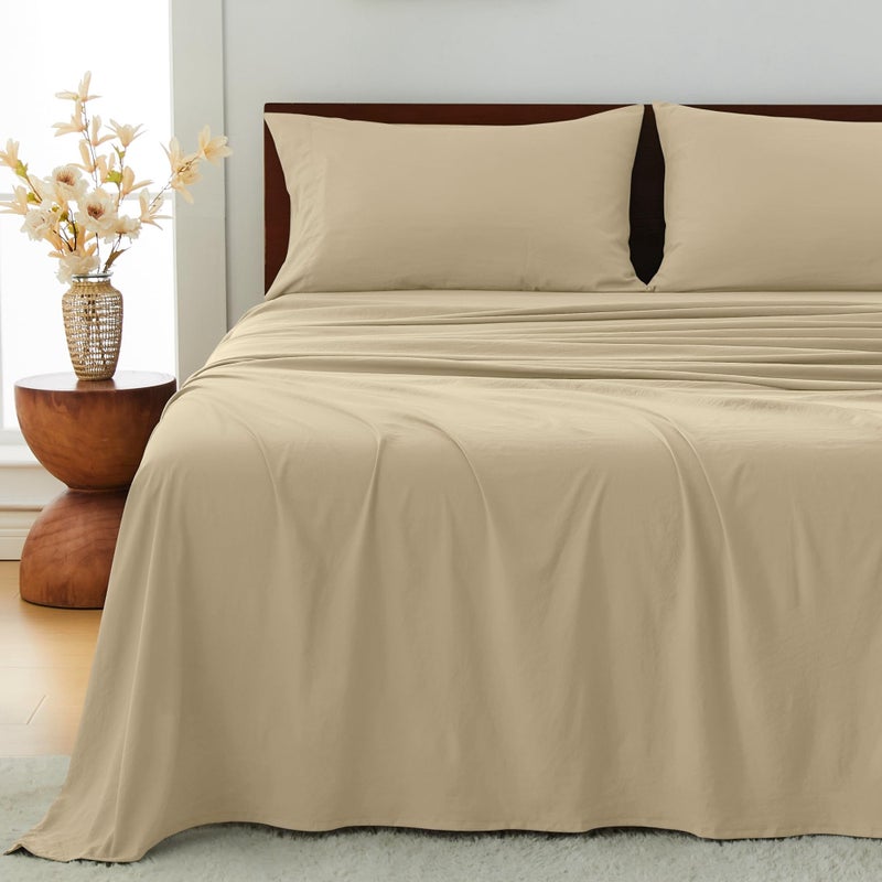 GOKOTTA 4-Pcs Queen Sheet Set, 16 Inch Deep Pocket Queen Sheets with Elastic Corner Straps, Brushed Microfiber Polyester - Hotel Luxury, Ultra Soft, Breathable, Anti-Rip, Wrinkle-Free - Tan - Image 1