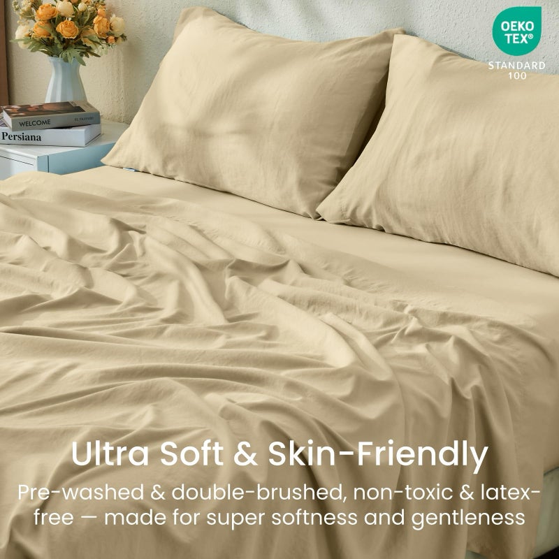 GOKOTTA 4-Pcs Queen Sheet Set, 16 Inch Deep Pocket Queen Sheets with Elastic Corner Straps, Brushed Microfiber Polyester - Hotel Luxury, Ultra Soft, Breathable, Anti-Rip, Wrinkle-Free - Tan - Image 5