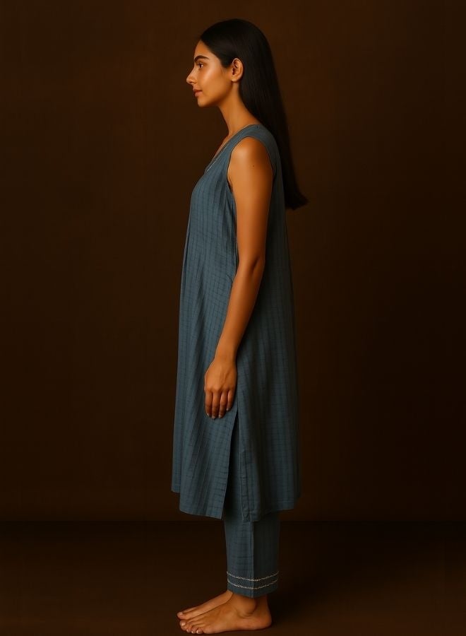 Abhishti V Neck Textured Kurta pant set with delicate lace detailings  - Image 3