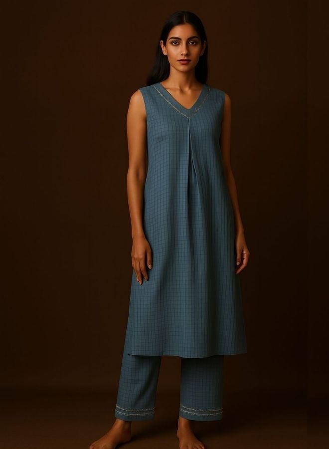 Abhishti V Neck Textured Kurta pant set with delicate lace detailings  - Image 5