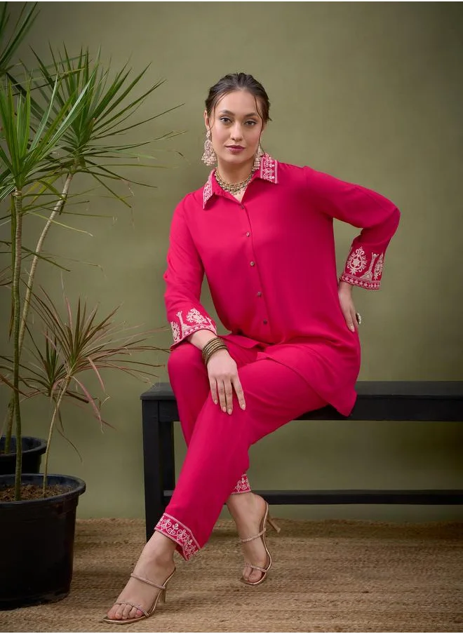 SASSAFRAS Embroidered Collar Shirt with Long Sleeves & Pants Co-Ord by Styli