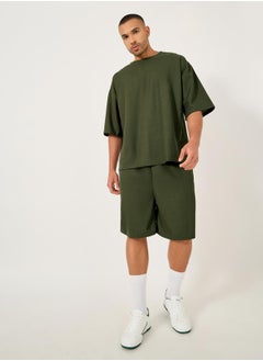 Styli Solid Textured Knit Oversized Streetwear T-Shirt and Shorts Set  - Image 1