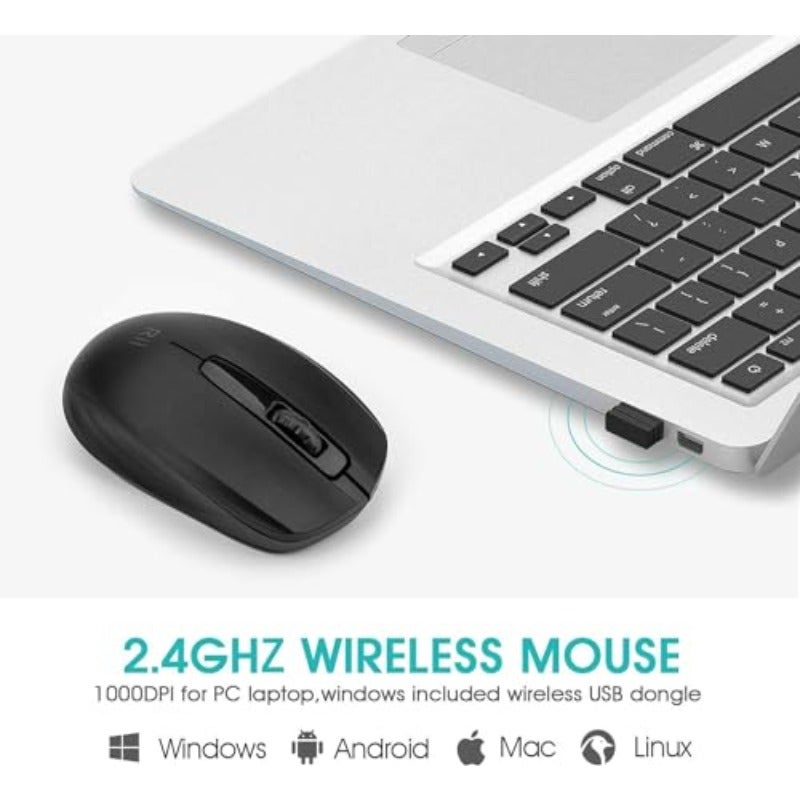 ماوس لاسلكي Rii RM100+ للكمبيوتر المحمول والكمبيوتر الشخصي، ماوس صامت لنظام WindowsOffice، يتضمن دونجل لاسلكي USB، (أسود - جديد) - Image 2