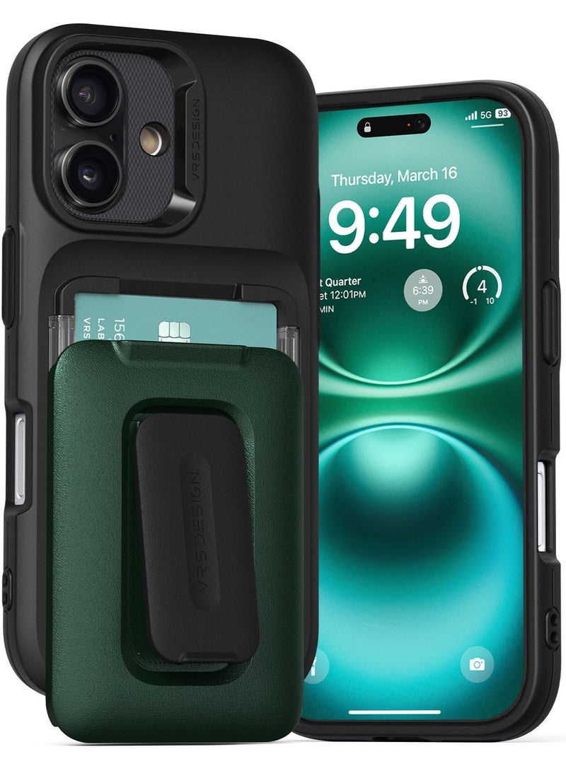 VRS Design غطاء محفظة D-Wallet Orb لجهاز آيفون 16 [3 بطاقات] حامل ائتمان [نصف أوتوماتيكي] مدمج [حامل] - أخضر معدني - Image 1