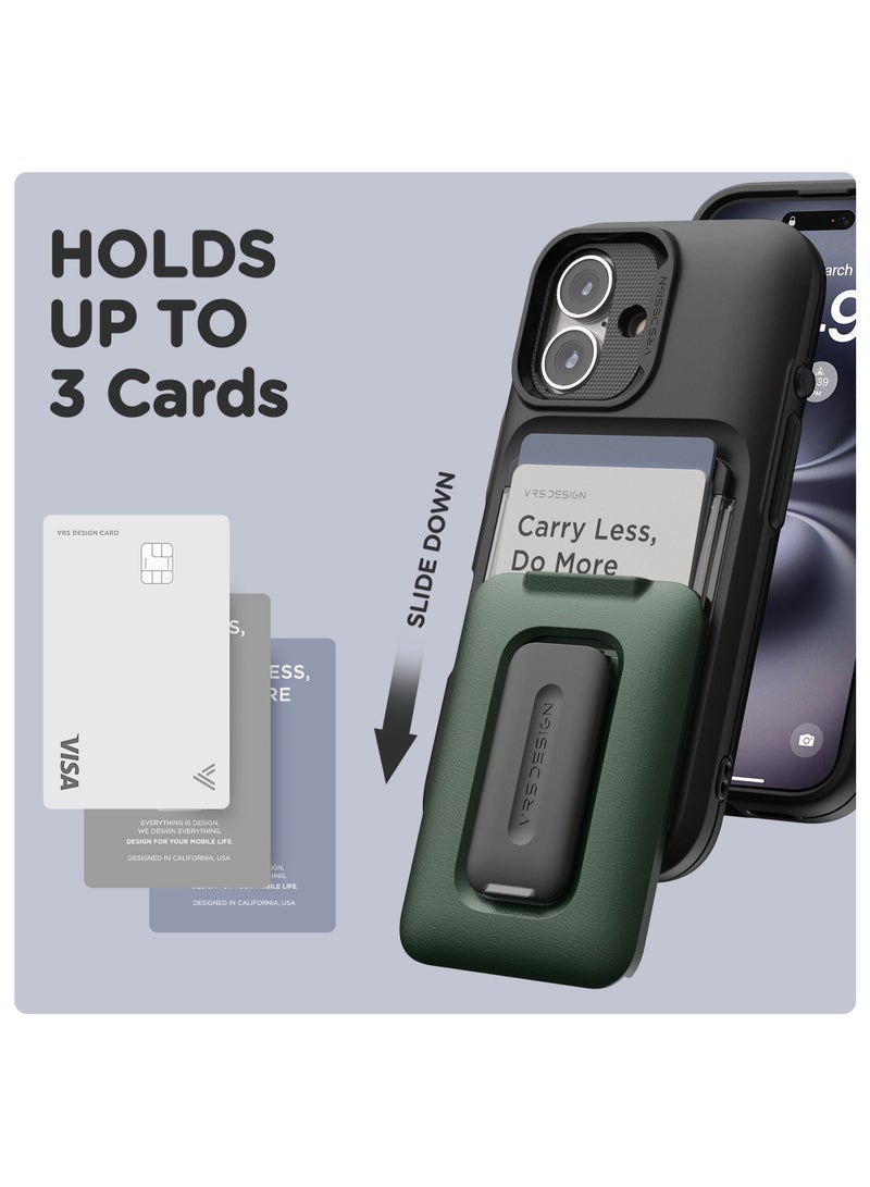 VRS Design غطاء محفظة D-Wallet Orb لجهاز آيفون 16 [3 بطاقات] حامل ائتمان [نصف أوتوماتيكي] مدمج [حامل] - أخضر معدني - Image 3