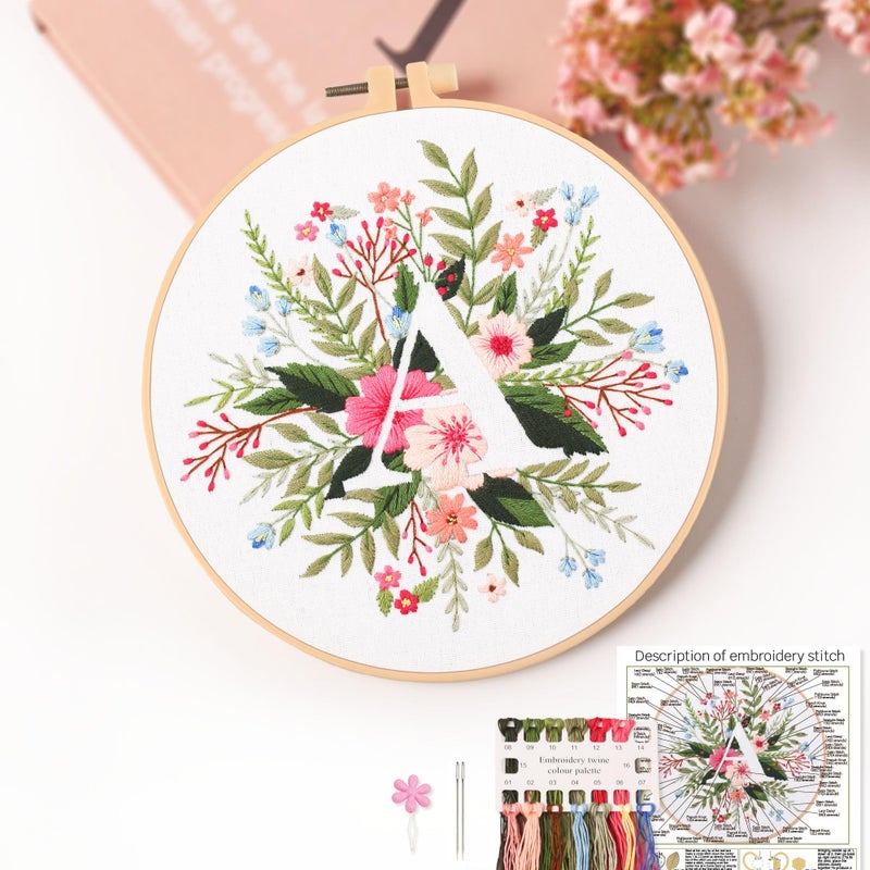 REEWISLY Embroidery Kit for Letter A,Embroidery Starter Kit Letter A Pattern,1 Plastic Embroidery Hoops,Color Threads,Instructions and Needles,DIY Adults Embroidery, Video Teaching - Image 1