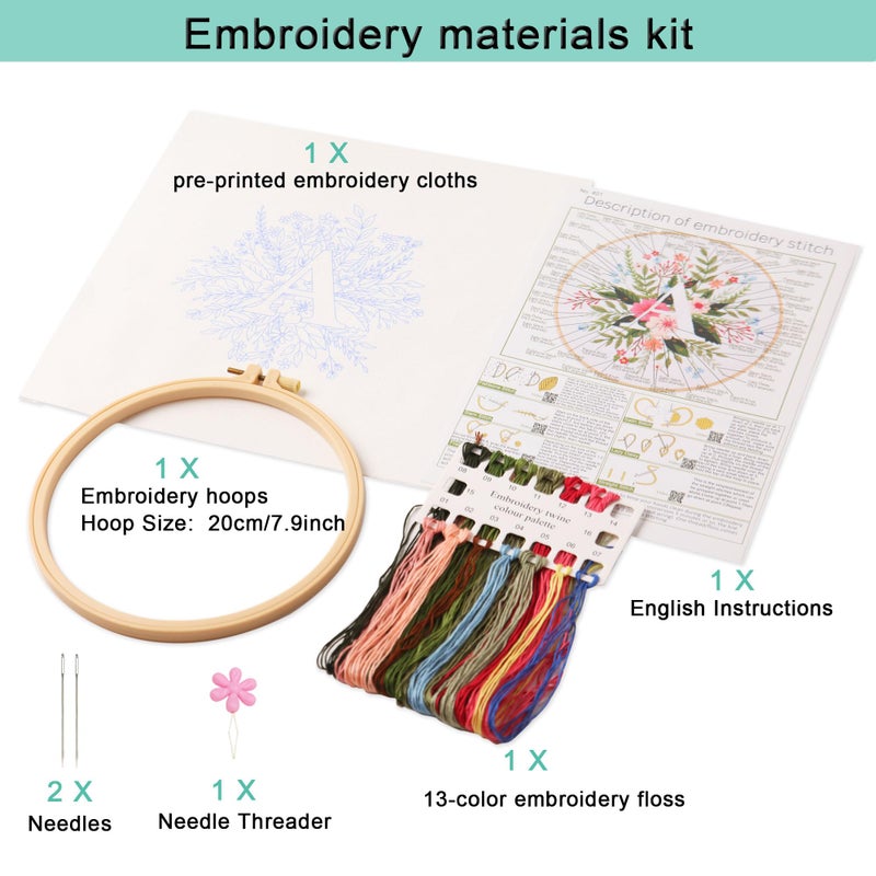 REEWISLY Embroidery Kit for Letter A,Embroidery Starter Kit Letter A Pattern,1 Plastic Embroidery Hoops,Color Threads,Instructions and Needles,DIY Adults Embroidery, Video Teaching - Image 2