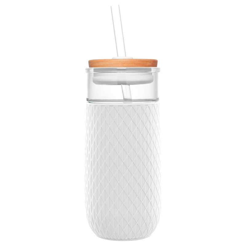 Ello Devon 18oz Glass Tumbler with Straw Friction Fit Bamboo Wood Lid and Silicone Sleeve Perfect for Iced Coffee Tea and Smoothies White