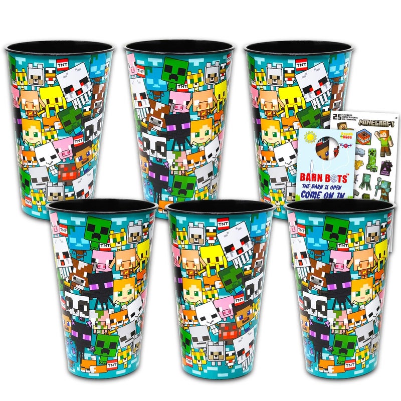 Minecraft Reusable Tumbler Cup Pack Video Game Party Favor 6 Piece Bundle with 24 Oz Cups Plus Stickers More Bulk Minecraft Water Tumblers