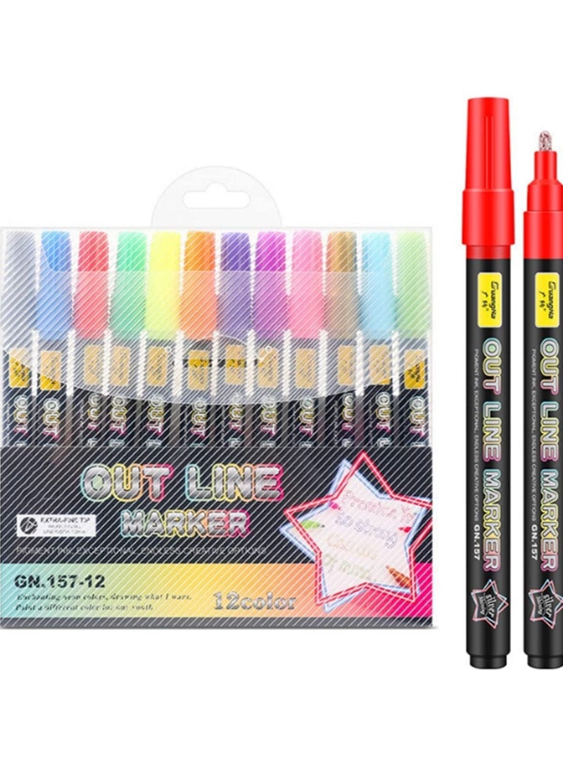 SYOSI Doodle Markers,12 Colors Outline Metallic Markers Double Line Pens Permanent Markers Pens for Art, Drawing, Greeting Cards,Rock Painting, Kid Journal, Metal, Wood Ceramic, Glass (12PCS) - Image 1