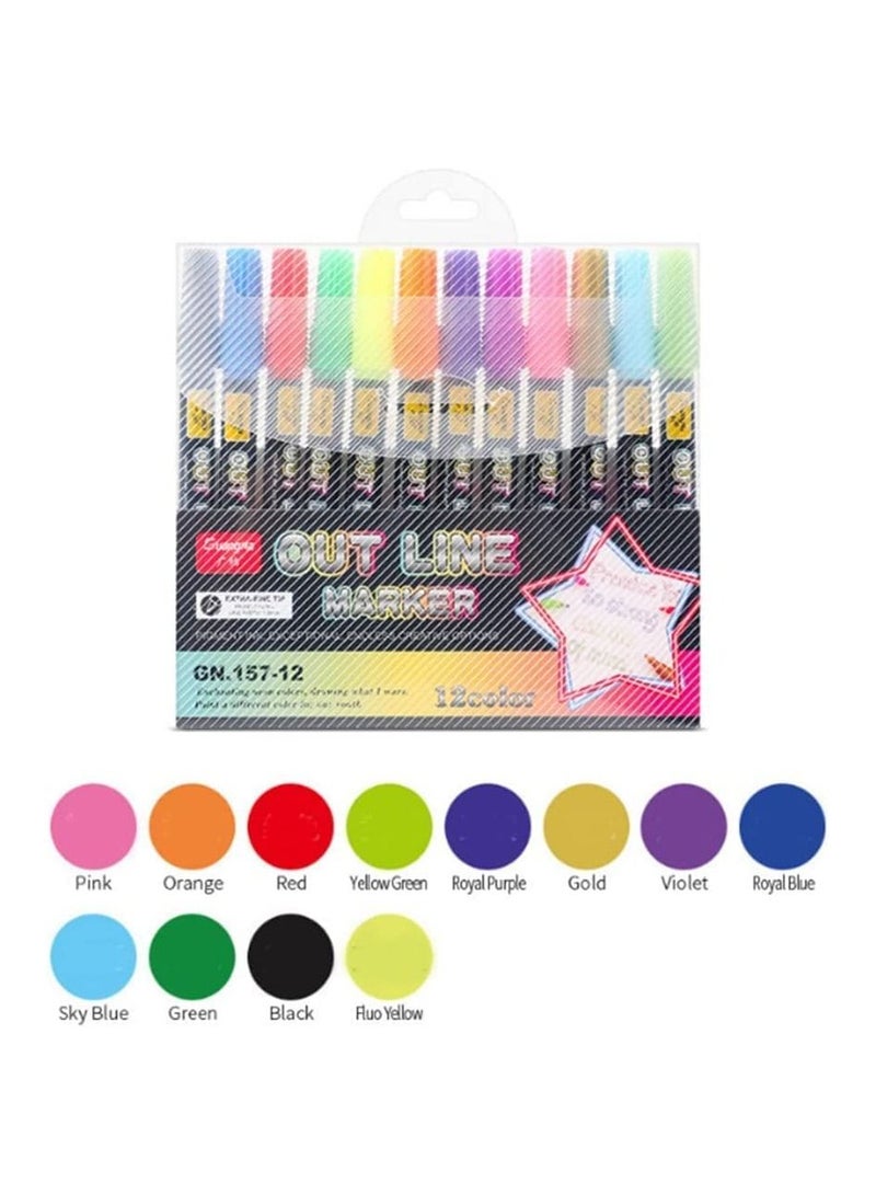 SYOSI Doodle Markers,12 Colors Outline Metallic Markers Double Line Pens Permanent Markers Pens for Art, Drawing, Greeting Cards,Rock Painting, Kid Journal, Metal, Wood Ceramic, Glass (12PCS) - Image 2