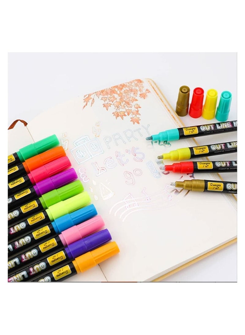 SYOSI Doodle Markers,12 Colors Outline Metallic Markers Double Line Pens Permanent Markers Pens for Art, Drawing, Greeting Cards,Rock Painting, Kid Journal, Metal, Wood Ceramic, Glass (12PCS) - Image 3