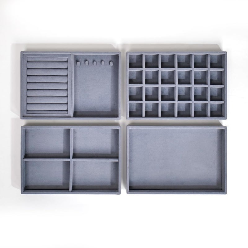 La Trove Luxury Velvet Jewellery Trays Drawer Display Organizer for Earrings, Chain, Rings and other Jewelry (Set of 4 Trays) | Grey | - Image 3