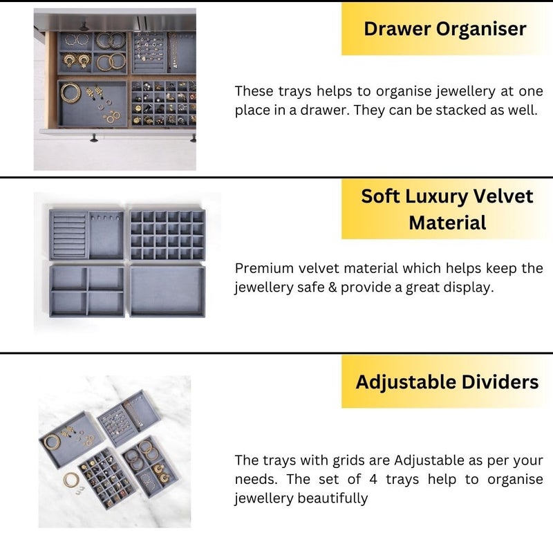 La Trove Luxury Velvet Jewellery Trays Drawer Display Organizer for Earrings, Chain, Rings and other Jewelry (Set of 4 Trays) | Grey | - Image 4