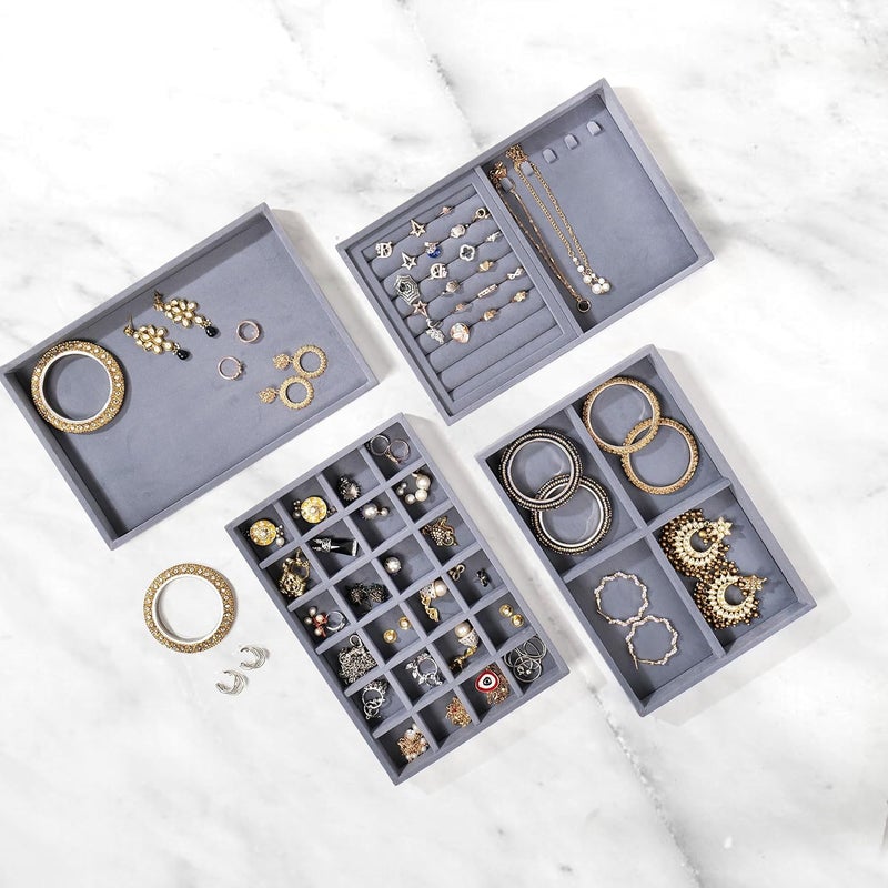 La Trove Luxury Velvet Jewellery Trays Drawer Display Organizer for Earrings, Chain, Rings and other Jewelry (Set of 4 Trays) | Grey | - Image 1