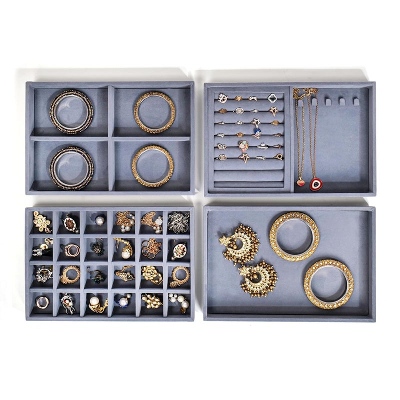 La Trove Luxury Velvet Jewellery Trays Drawer Display Organizer for Earrings, Chain, Rings and other Jewelry (Set of 4 Trays) | Grey | - Image 2