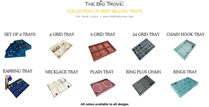 La Trove Luxury Velvet Jewellery Trays Drawer Display Organizer for Earrings, Chain, Rings and other Jewelry (Set of 4 Trays) | Grey | - Image 5
