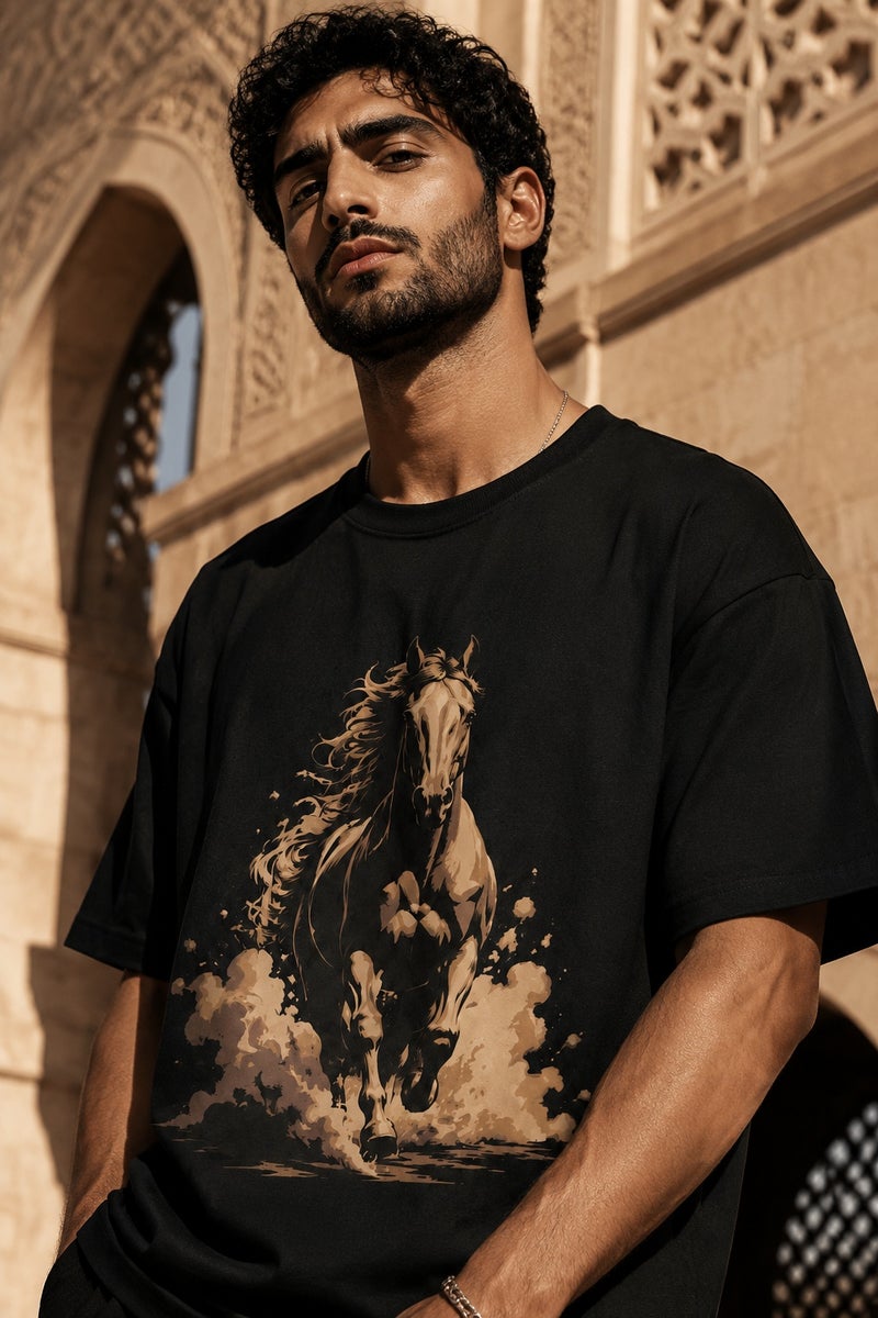 Men's Black Running Horse Graphic T-Shirt Oversized Casual Short Sleeve Crew Neck Streetwear Tee - Image 1