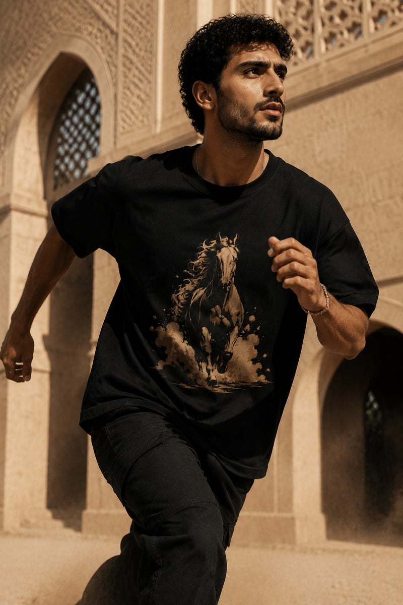 Men's Black Running Horse Graphic T-Shirt Oversized Casual Short Sleeve Crew Neck Streetwear Tee - Image 3