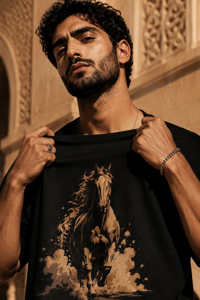Men's Black Running Horse Graphic T-Shirt Oversized Casual Short Sleeve Crew Neck Streetwear Tee - Image 5