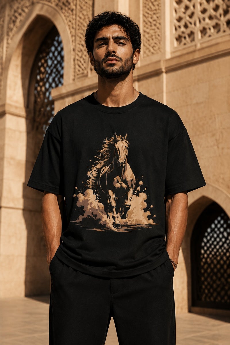 Men's Black Running Horse Graphic T-Shirt Oversized Casual Short Sleeve Crew Neck Streetwear Tee - Image 2