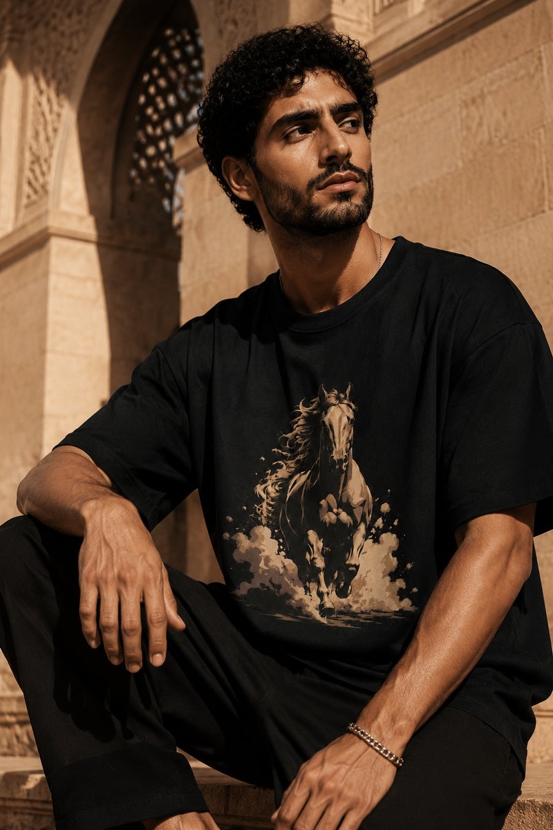 Men's Black Running Horse Graphic T-Shirt Oversized Casual Short Sleeve Crew Neck Streetwear Tee - Image 4