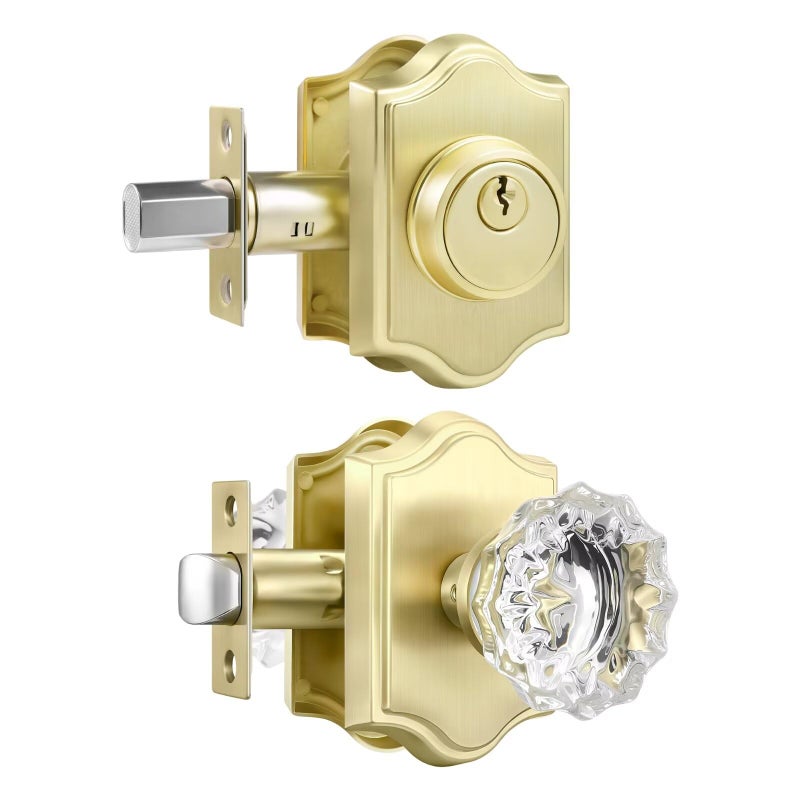 Leydebong 1 Pack Gold Crystal Glass Door Knob Deadbolt Lock Set Keyed Alike Heavy Duty Entry Door Knob Single Cylinder Deadbolt Combo for Front Doors Offices Satin Brass Finish - Image 2