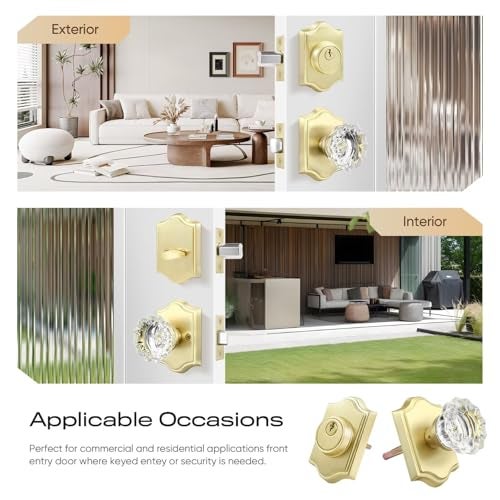 Leydebong 1 Pack Gold Crystal Glass Door Knob Deadbolt Lock Set Keyed Alike Heavy Duty Entry Door Knob Single Cylinder Deadbolt Combo for Front Doors Offices Satin Brass Finish - Image 3