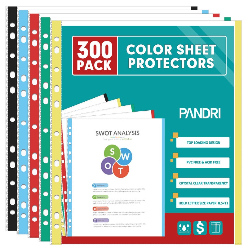 PANDRI Sheet Protectors, PANDRI 300 Pack Color Heavy Duty Plastic Page Protectors Sheet Reinforced 11-Hole Fit for 3 Ring Binder Fits Standard 8.5 x 11 Paper, 9.25 x 11.25 Top Loaded, Excluding Acid - Image 1