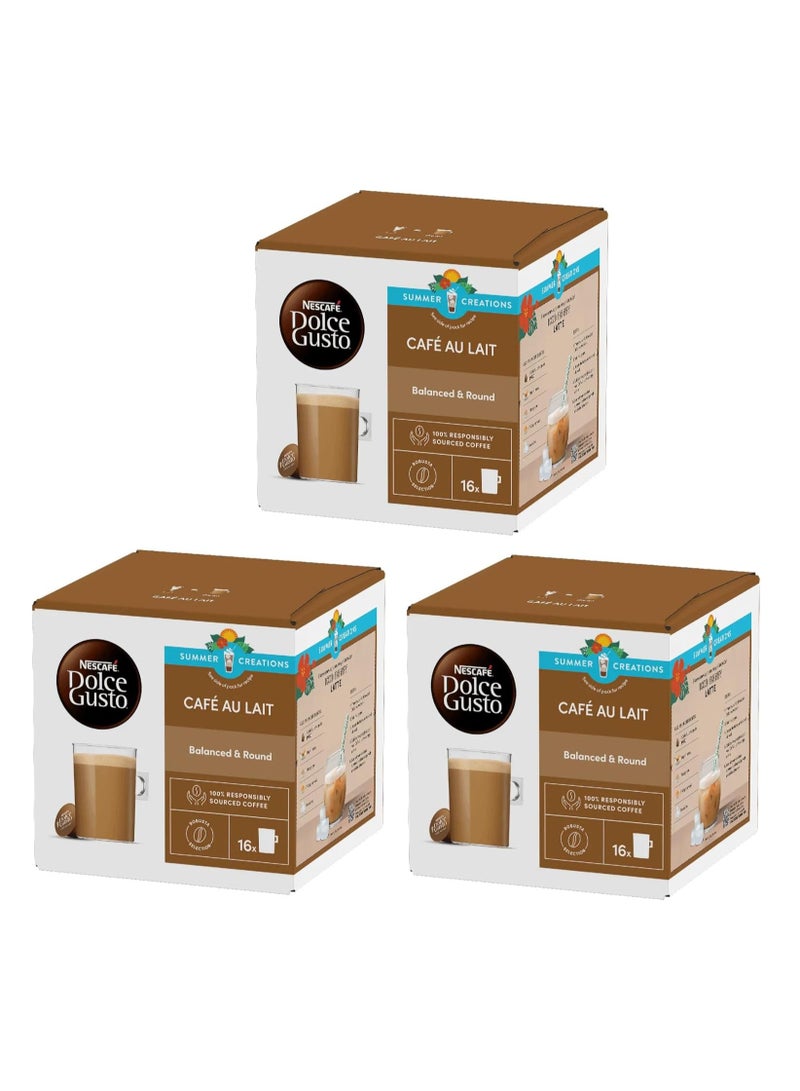 Dolce Gusto Cafe Au Lait Coffee, Balanced & Round, 16 Capsules, Pack of 3