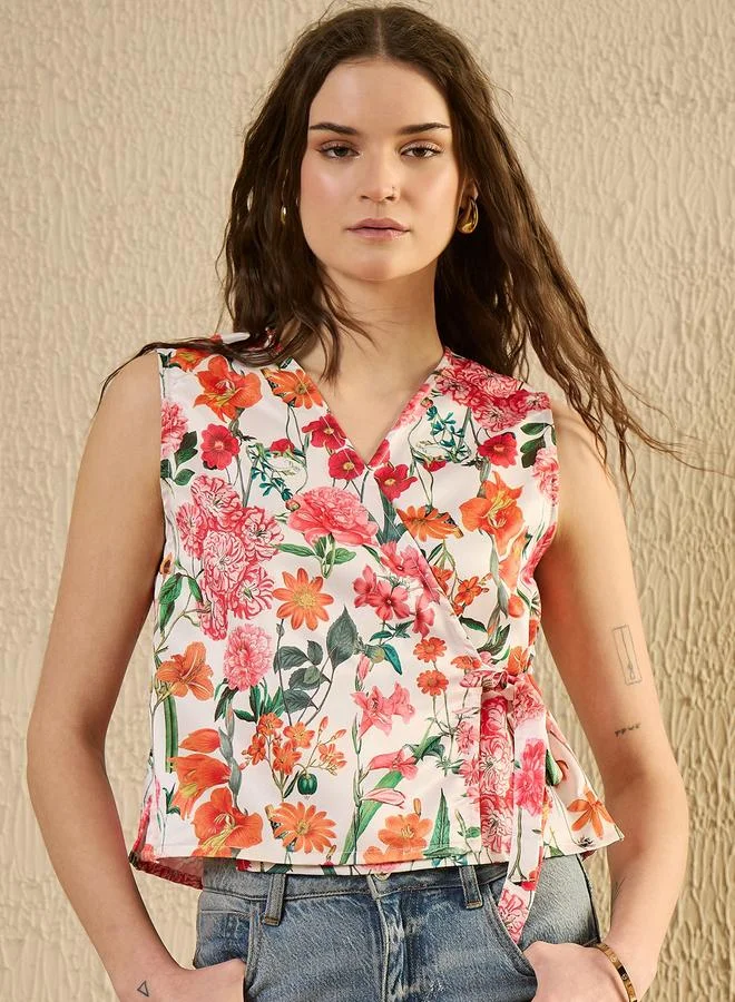 Sanskrutihomes Multi-Color Floral Print Tie-UP Wrap Top